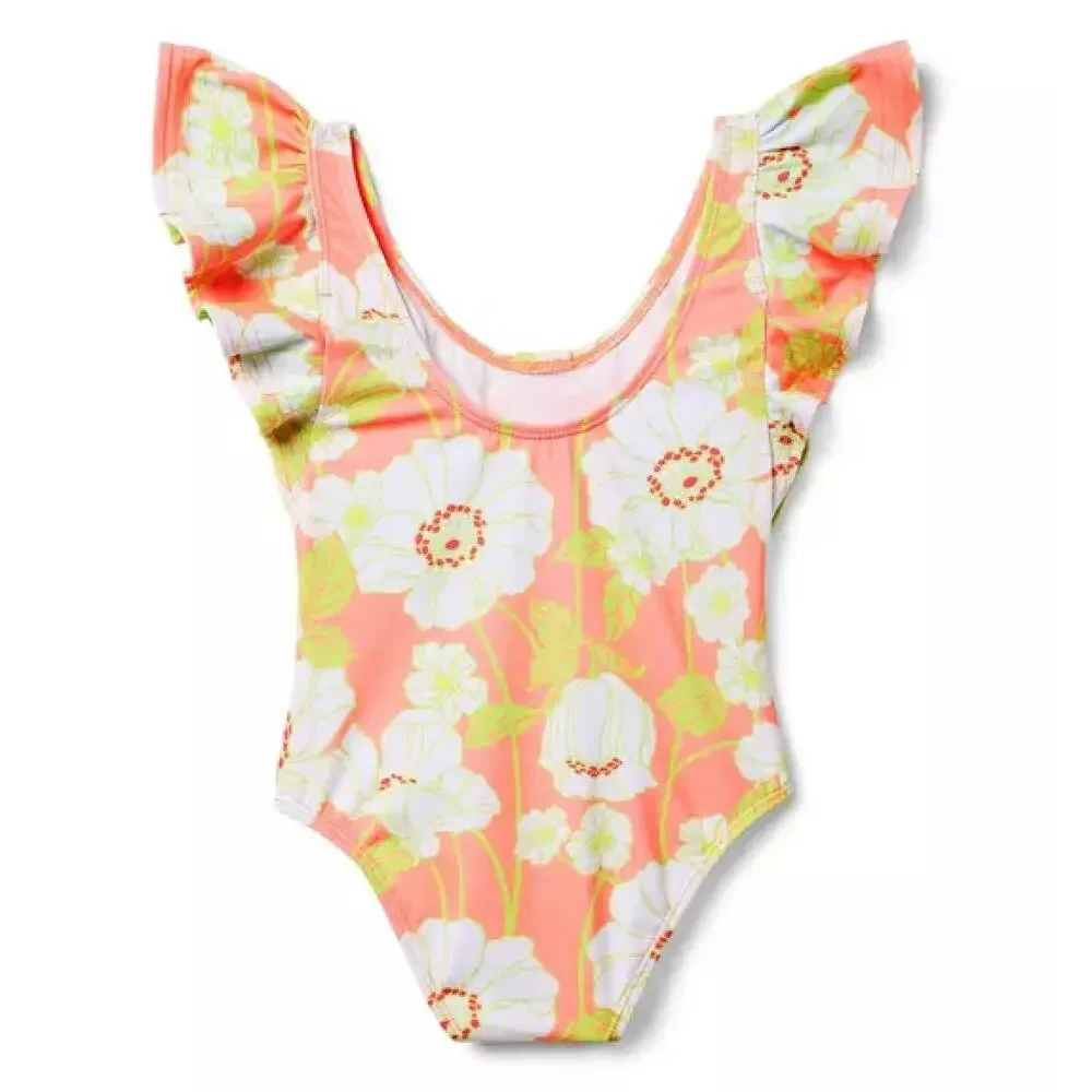 Janie‎ and Jack Ruffle Swimsuit Floral Coral Curl Girls 12-18 Mos Preppy Summer